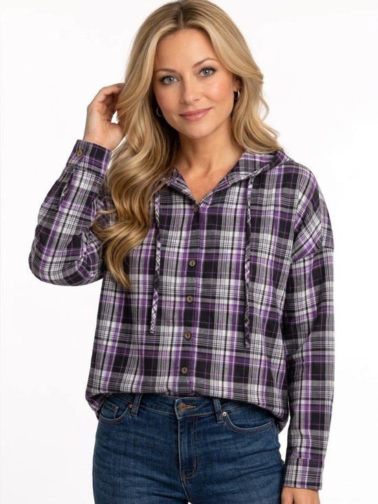 Rhea Tops - Plaid Hooded Button-Up Shirt women’s Large XL NWT